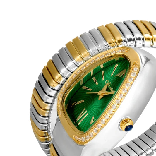 April Luxe Wrap Watch – Emerald Dial with Snake-Inspired Design