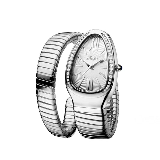 April Luxe Wrap Watch – Silver Dial with Snake-Inspired Design